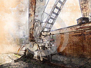 Digital Art. Industrial background. Undercarriage portal crane
