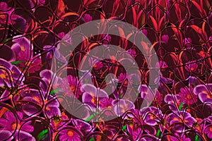 Digital art lighting.Fantasy luminous flowers as background. Surreal light laser art projection of magic floral pattern