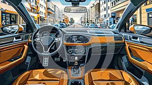 Digital art of Luxurious car interior with leather seats and modern dashboard. Upscale vehicle cockpit. Concept of