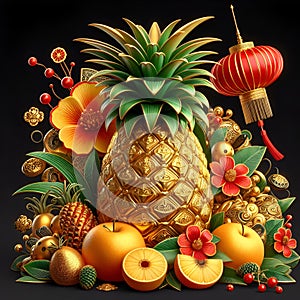 A digital art of a majestic golden pineapple, with green leaves, mei hwa flower petals, fruits, red lantern, cute, festive