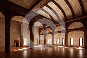 Digital art of a medieval room with wooden columns and light shining through the windows