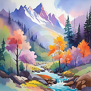 Digital art painting. Landscape with mountains, river and forest.