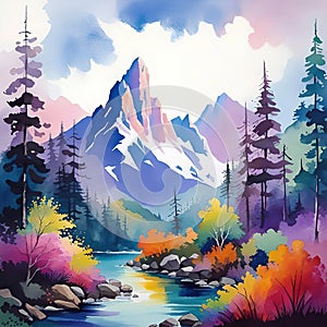 Digital art painting. Landscape with mountains, river and forest.