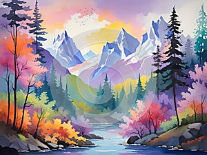 Digital art painting. Landscape with mountains, river and forest.