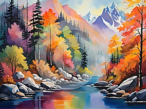 Digital art painting. Landscape with mountains, river and forest.