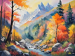 Digital art painting. Landscape with mountains, river and forest.