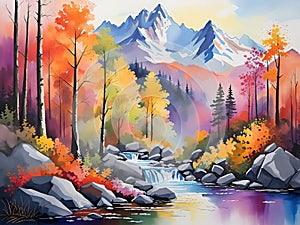 Digital art painting. Landscape with mountains, river and forest.