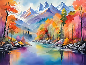 Digital art painting. Landscape with mountains, river and forest.