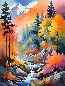 Digital art painting. Landscape with mountains, river and forest.