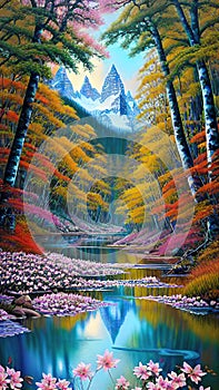 Digital art painting. Landscape with mountains, river and forest.