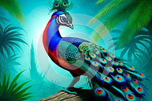 Digital art painting of peacock in forest. Generative AI