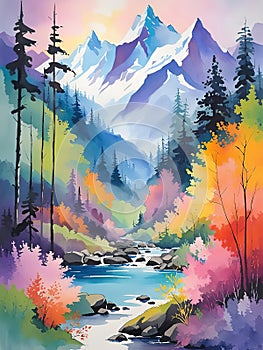 Digital art painting. Watercolor.Landscape with mountains, river and forest.