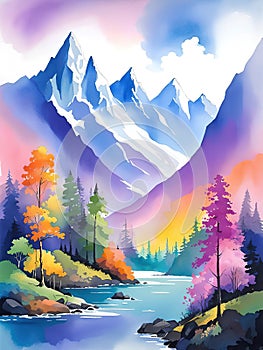 Digital art painting. Watercolor.Landscape with mountains, river and forest.