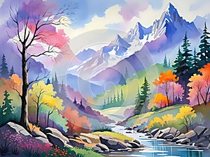 Digital art painting. Watercolor.Landscape with mountains, river and forest.