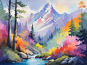 Digital art painting. Watercolor.Landscape with mountains, river and forest.