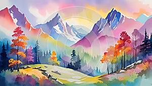 Digital art painting. Watercolor.Landscape with mountains, river and forest.