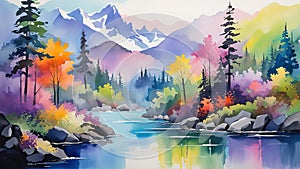 Digital art painting. Watercolor.Landscape with mountains, river and forest.