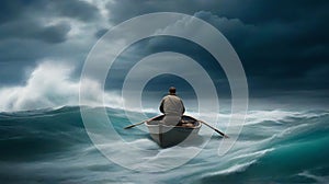 digital art pictures A man is rowing a boat alone towards the stormy ocean.