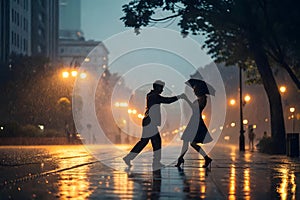 A digital art piece depicting a couple dancing in a rain-swept city, their silhouettes illuminated by the warm glow photo
