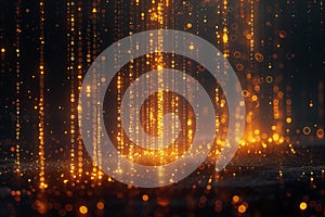 A digital art piece featuring an array of golden binary code cascading down on a black background, creating the illusion that