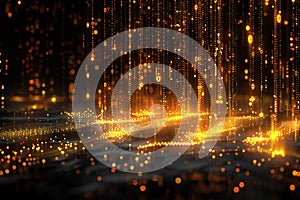 A digital art piece featuring an array of golden binary code cascading down on a black background, creating the illusion that