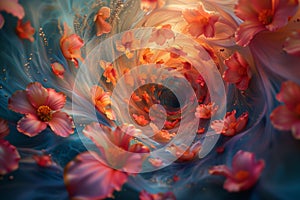 Digital art piece featuring a mesmerizing swirl of vibrant flowers