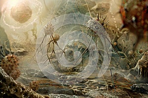 Digital art piece showing bacteriophages as nanotech warriors in a microcosmic battle