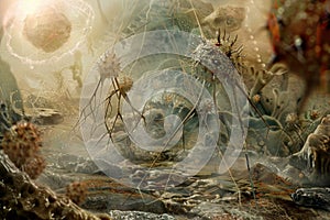 Digital art piece showing bacteriophages as nanotech warriors in a microcosmic battle photo