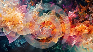 Digital art pieces generated by algorithms creating abstract and complex patterns, fluids evolving geometric shapes