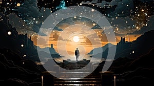 Fantastic Illustration. Figure Walking Stairs. Large Moon in the Sky. Generative AI.