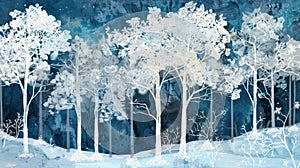 A digital art print depicting a frostcovered forest with delicate patterns of snow and ice adorning the trees and ground