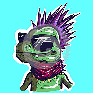 Digital art of a punk metalhead lizard wearing a pink scarf and sunglasses. Vector of a green reptile