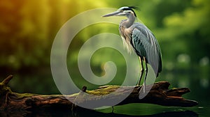 Digital Art: Realistic Blue Heron Standing On Wood Branch In Forest