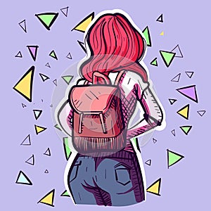 Digital art of a redhead girl with a backpack and blue jeans, back view angle. Vector of a woman with a bag