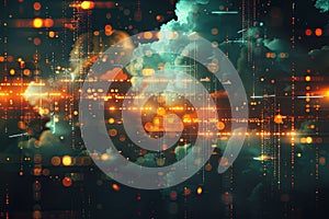 A digital art rendering of cloud computing with glowing elements representing data processing, artificial intelligence