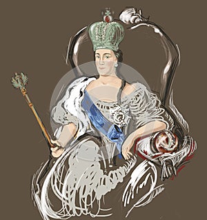 Digital art sketch portrait of Catherine II the Great Empress of Russia. Romanov Royal family and Russian history theme. Throne