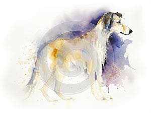 Digital art in the style of a watercolor painting of a beautiful russian borzoi dog, standing