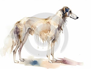 Digital art in the style of a watercolor painting of a beautiful russian borzoi dog, standing.