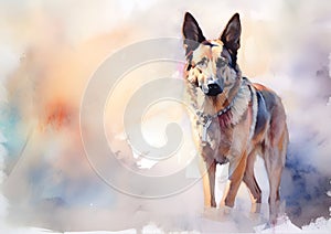 Digital art, in the style of a watercolor painting showing the portrait of a German Shepherd dog or Alsatian.