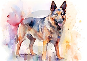 Digital art, in the style of a watercolor painting showing the portrait of a German Shepherd dog or Alsatian .