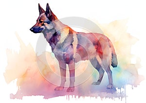 Digital art, in the style of a watercolor painting showing the portrait of a German Shepherd dog or Alsatian .