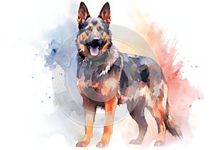 Digital art, in the style of a watercolor painting showing the portrait of a German Shepherd dog or Alsatian .