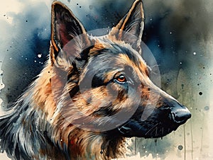 Digital art, in the style of a watercolor painting showing the portrait of a German Shepherd dog or Alsatian .