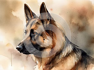 Digital art, in the style of a watercolor painting showing the portrait of a German Shepherd dog or Alsatian .