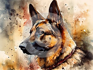 Digital art, in the style of a watercolor painting showing the portrait of a German Shepherd dog or Alsatian.