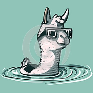 Digital art of a swimming llama with wet wool and sunglasses on a pool. Cool alpaca sitting in water splashes