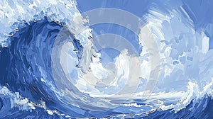 Digital art of a towering blue wave poised to crash, encapsulating the majestic power of the ocean with sky and foam in
