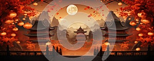 Digital Art Of A Traditional Chinese Buddhist Temple Illuminated For The Midautumn Festival Space For Text