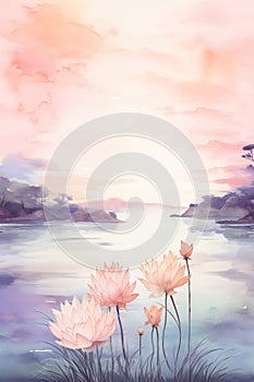 Digital art of tranquil sunset scenery with lotus flowers blossoming on calm waters