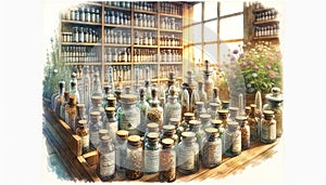 Digital art of Variety of homeopathic remedies in glass bottles on a wooden shelf. Homeopathic pharmacy interior